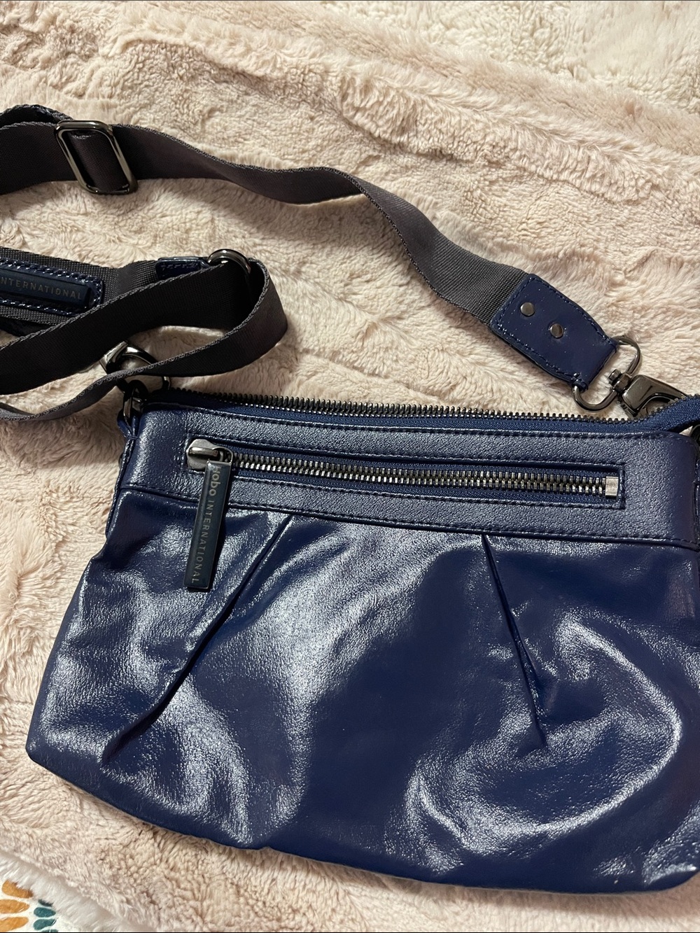 HOBO Navy Shiny Leather Crossbody with Front Zip Pocket